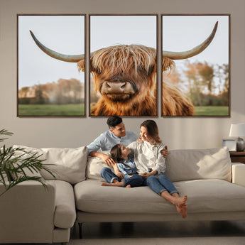 64824-MGV-FC-60X30-3P_Walnut-Highland Cow Wall Art – Rustic Scottish Bull Canvas Print, Farmhouse Animal Decor for Living Room, Bedroom, Office or Cabin