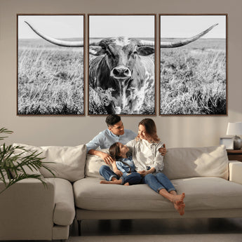 77320-MGV-FC-60X30-3P_Walnut-Texas Longhorn Wall Art – Black and White Western Cattle Canvas Print, Rustic Farmhouse Animal Photography Decor for Living Room,