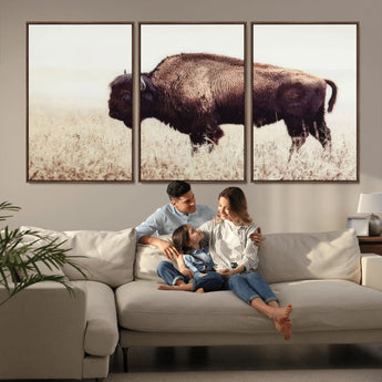 48406-MGV-FC-60X30-3P_Walnut-American Bison Wall Art – Rustic Buffalo Canvas Print in Prairie Field, Western Wildlife Photography Decor for Cabin, Lodge,