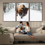10109-MGV-FC-60X30-3P_Walnut-Majestic Bison Winter Wall Art – Snowy Forest Buffalo Canvas Print, Rustic Wildlife Photography Decor for Cabin, Lodge, Living