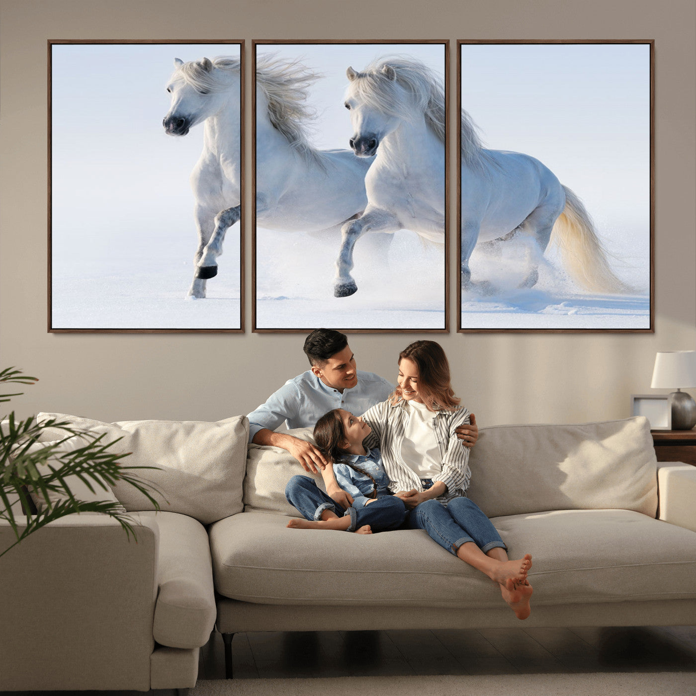 80145-MGV-FC-60X30-3P_Walnut-White Horses Running Snow Wall Art – Majestic Equine Canvas Print, Winter Nature Photography Decor for Living Room, Office,
