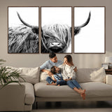 51957-MGV-FC-60X30-3P_Walnut-Highland Cow Wall Art – Black and White Scottish Highland Bull Canvas Print, Rustic Farmhouse Animal Decor for Living Room,