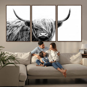 51957-MGV-FC-60X30-3P_Walnut-Highland Cow Wall Art – Black and White Scottish Highland Bull Canvas Print, Rustic Farmhouse Animal Decor for Living Room,