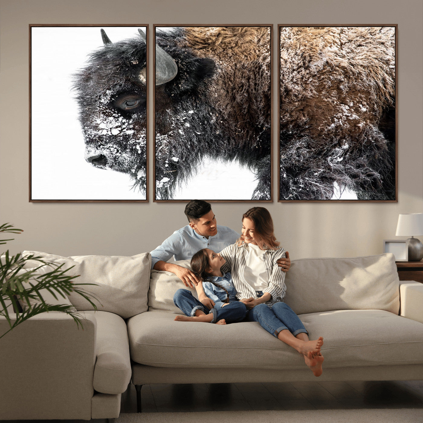 24304-MGV-FC-60X30-3P_Walnut-Bison Wall Art Canvas Print, Framed Winter Bison Art Picture Print, Snowy Buffalo Perfect Rustic Farmhouse Decor Artwork