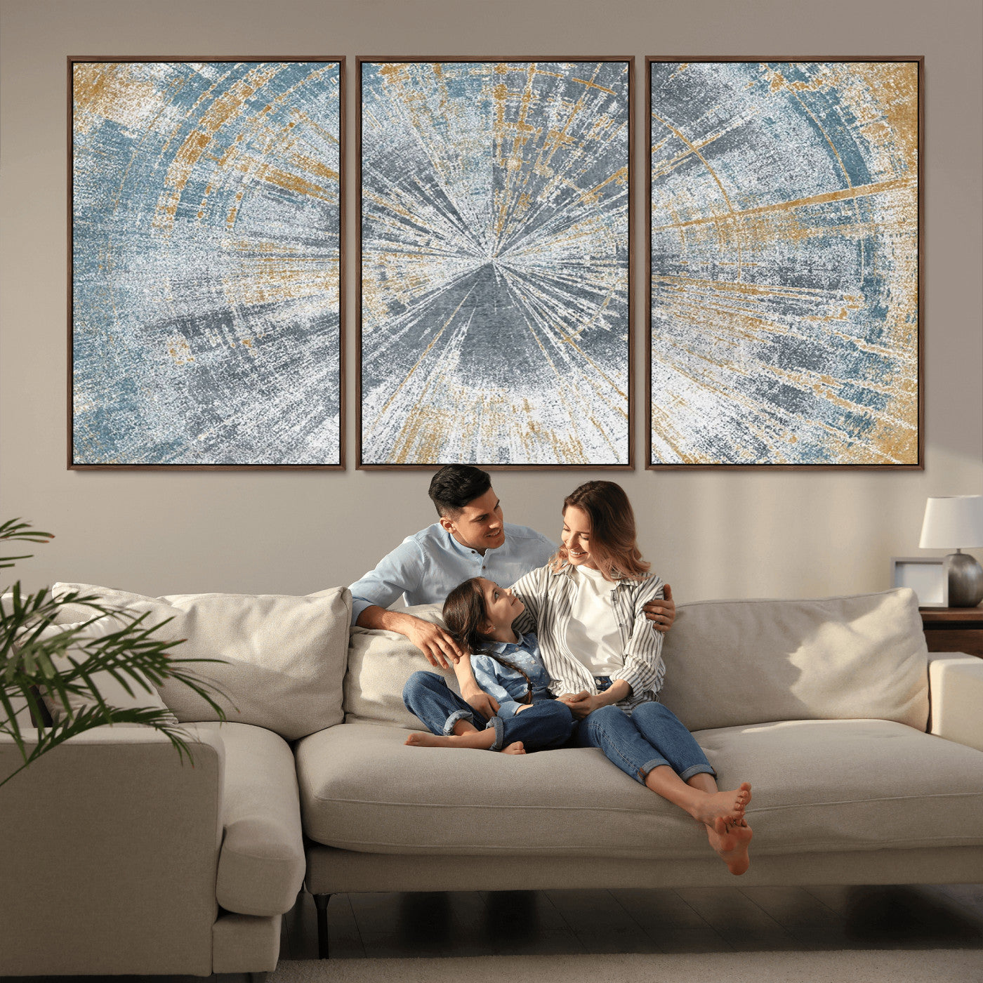 17631-MGV-FC-60X30-3P_Walnut-Radiant Burst Wall Art – Abstract Sunburst Canvas Print in Blue and Gold, Modern Geometric Painting for Living Room, Office or