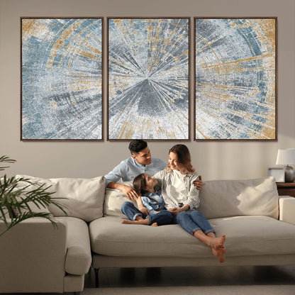 17631-MGV-FC-60X30-3P_Walnut-Radiant Burst Wall Art – Abstract Sunburst Canvas Print in Blue and Gold, Modern Geometric Painting for Living Room, Office or