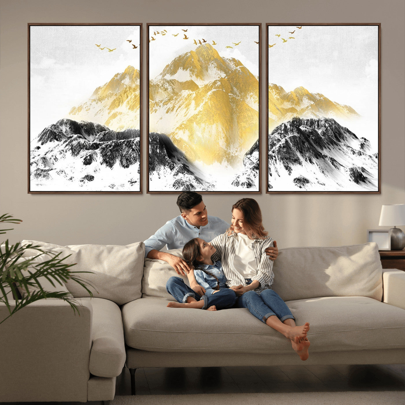 37733-MGV-FC-60X30-3P_Walnut-Golden Mountain Wall Art – Modern Abstract Landscape Canvas Print with Birds, Luxury Nature Decor for Living Room, Bedroom, or