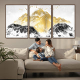 37733-MGV-FC-60X30-3P_Walnut-Golden Mountain Wall Art – Modern Abstract Landscape Canvas Print with Birds, Luxury Nature Decor for Living Room, Bedroom, or