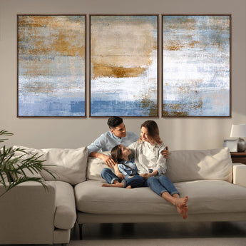 72354-MGV-FC-60X30-3P_Walnut-Blue and Gold Abstract Wall Art – Modern Minimalist Canvas Print, Textured Contemporary Painting for Living Room, Bedroom, or
