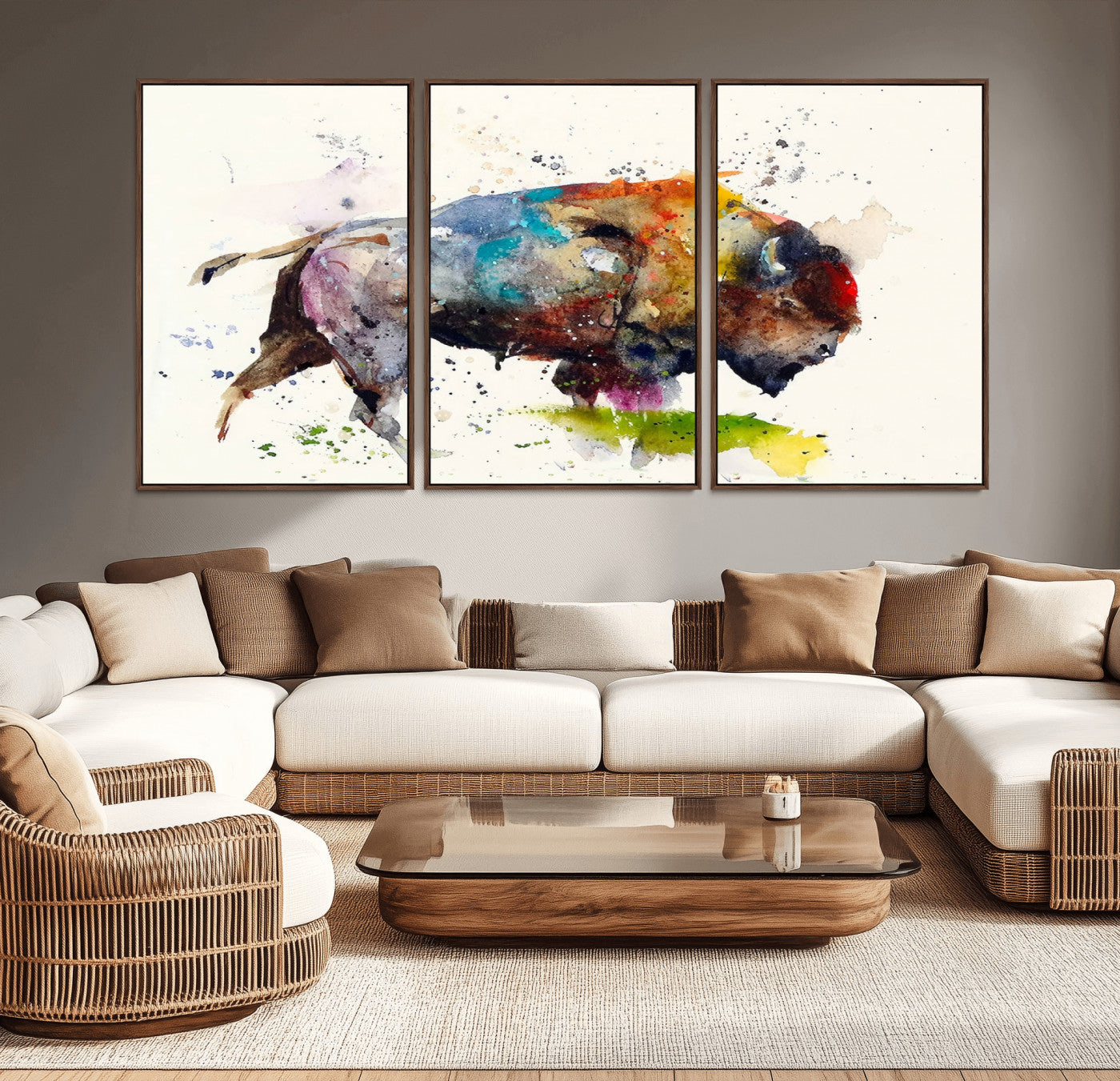 44504-MGV-CV-36X24-Buffalo Watercolor Wall Art – Abstract Bison Canvas Print, Rustic Wildlife Decor for Living Room, Office, Cabin, Man Cave or