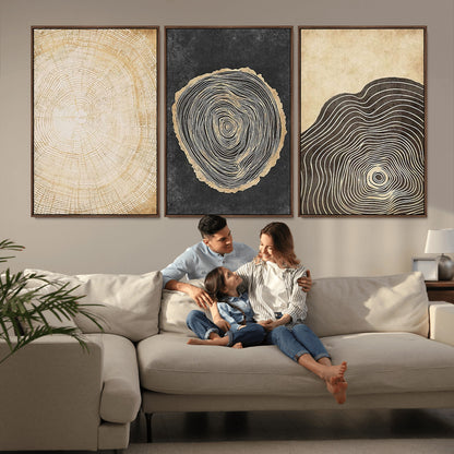 77785-MGV-FC-60X30-3P_Walnut-Tree Ring Abstract Wall Art – Rustic Wood Growth Pattern Canvas Prints, Modern Nature-Inspired Decor for Living Room or Office