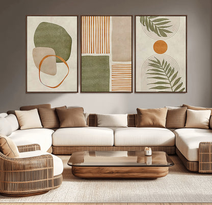 96002-MGV-CV-36X24-Abstract Geometric Wall Art – Modern Canvas Print with Green, Orange & Beige Shapes, Minimalist Home Decor for Living Room, Office