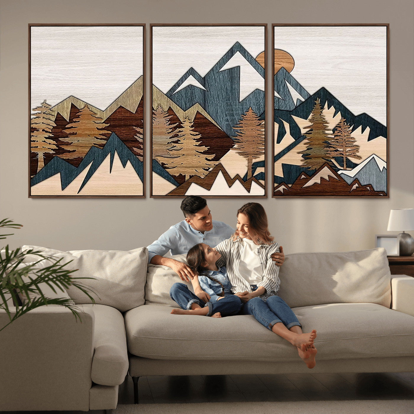 67950-MGV-FC-60X30-3P_Walnut-Modern Wood Wall Art Canvas Print, Framed Mountain Range Art Picture Print, Wood Mountain Range Perfect Rustic Decor Artwork
