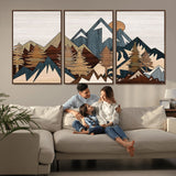67950-MGV-FC-60X30-3P_Walnut-Modern Wood Wall Art Canvas Print, Framed Mountain Range Art Picture Print, Wood Mountain Range Perfect Rustic Decor Artwork