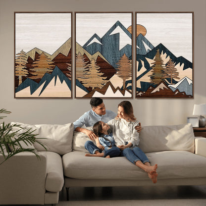 67950-MGV-FC-60X30-3P_Walnut-Modern Wood Wall Art Canvas Print, Framed Mountain Range Art Picture Print, Wood Mountain Range Perfect Rustic Decor Artwork