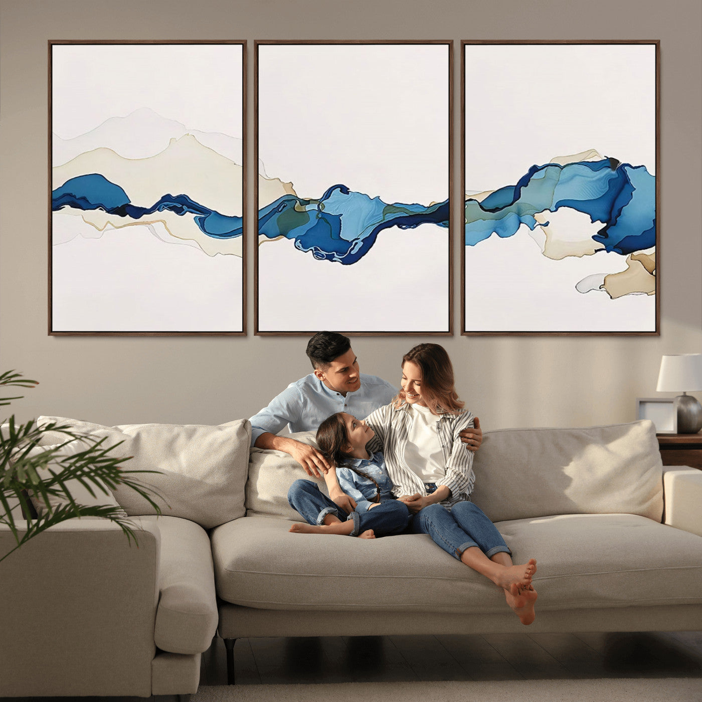 95528-MGV-CV-60X30-3P-Abstract Blue Wave Wall Art – Modern Ocean Inspired Canvas Print, Minimalist Fluid Painting for Living Room, Bedroom or Office
