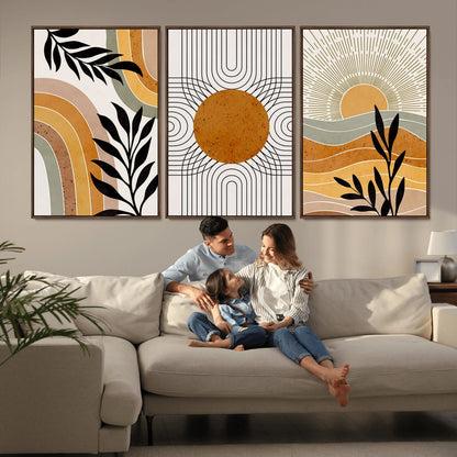 44668-MGV-CV-60X30-3P-Mid Century Modern Wall Art – Abstract Sun and Rainbow Canvas Print, Minimalist Geometric Boho Decor for Living Room, Bedroom or