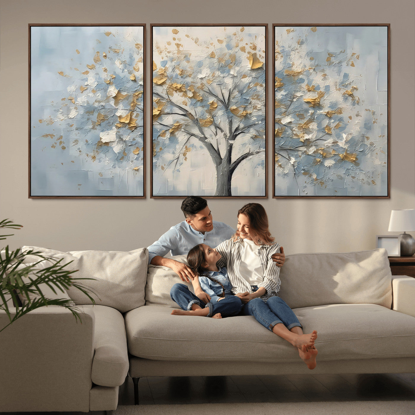 65811-MGV-FC-60X30-3P_Walnut-Abstract Tree Wall Art – Textured Canvas Painting with Gold and White Leaves, Modern Nature Inspired Decor for Living Room or