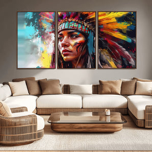 70785-MGV-CV-36X24-Tribal Woman Wall Art – Colorful Abstract Portrait Canvas with Feather Headdress, Bold Ethnic Inspired Decor for Living Room,