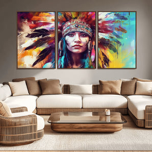 83460-MGV-CV-36X24-Colorful Native Inspired Woman Wall Art – Abstract Feather Headdress Canvas Print, Bold Tribal Style Decor for Living Room or