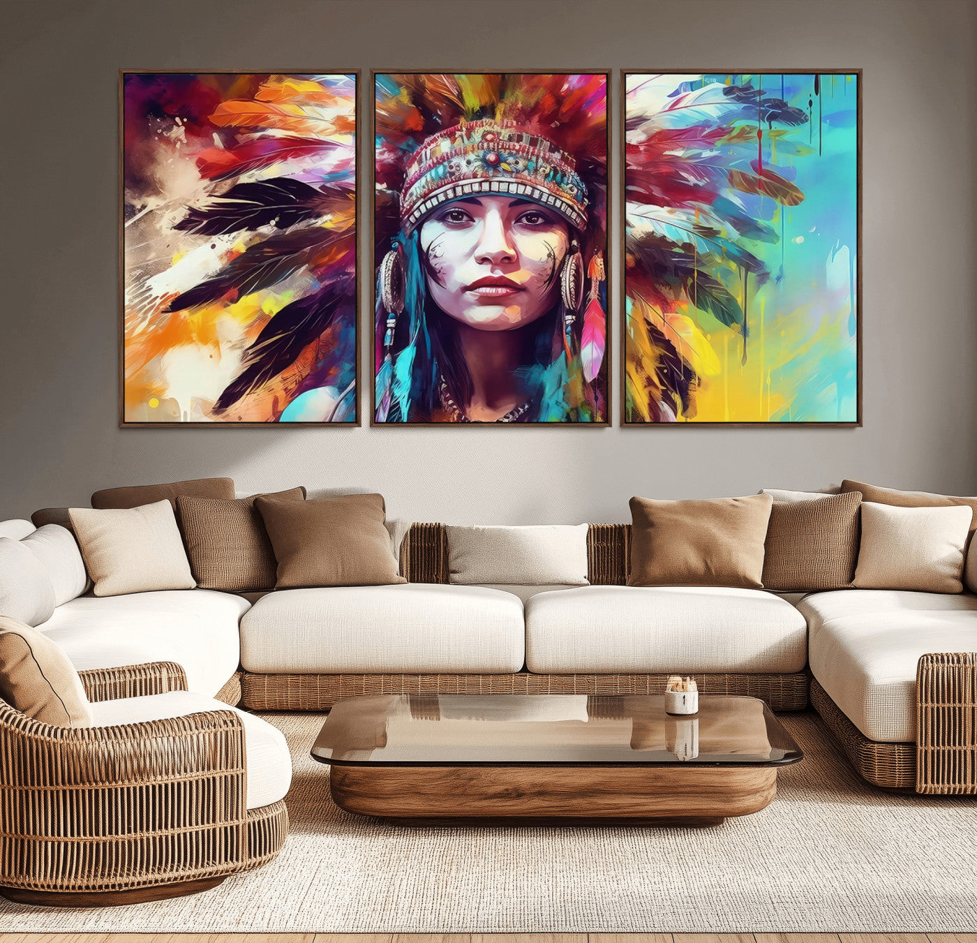 83460-MGV-CV-36X24-Colorful Native Inspired Woman Wall Art – Abstract Feather Headdress Canvas Print, Bold Tribal Style Decor for Living Room or
