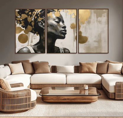 65669-MGV-CV-36X24-Elegant Black Woman Wall Art – Modern Abstract Portrait Canvas with Gold Accents, Contemporary Afrocentric Decor for Living Room