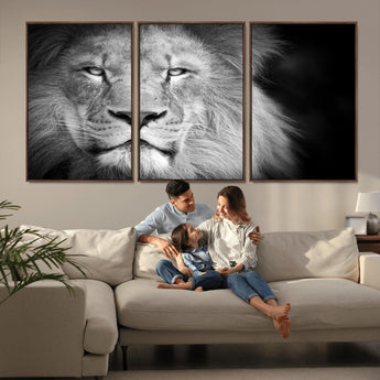 94453-MGV-FC-60X30-3P_Walnut-Lion Portrait Wall Art – Black and White King of the Jungle Canvas Print, Safari Wildlife Decor for Office, Bedroom, or Living