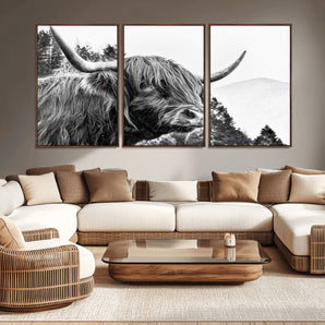 61570-MGV-CV-36X24-Highland Cow Wall Art – Black and White Scottish Bull Canvas Print, Rustic Farmhouse Animal Decor for Living Room, Bedroom, or