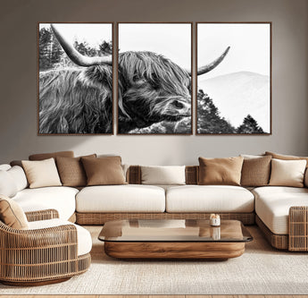 61570-MGV-CV-36X24-Highland Cow Wall Art – Black and White Scottish Bull Canvas Print, Rustic Farmhouse Animal Decor for Living Room, Bedroom, or