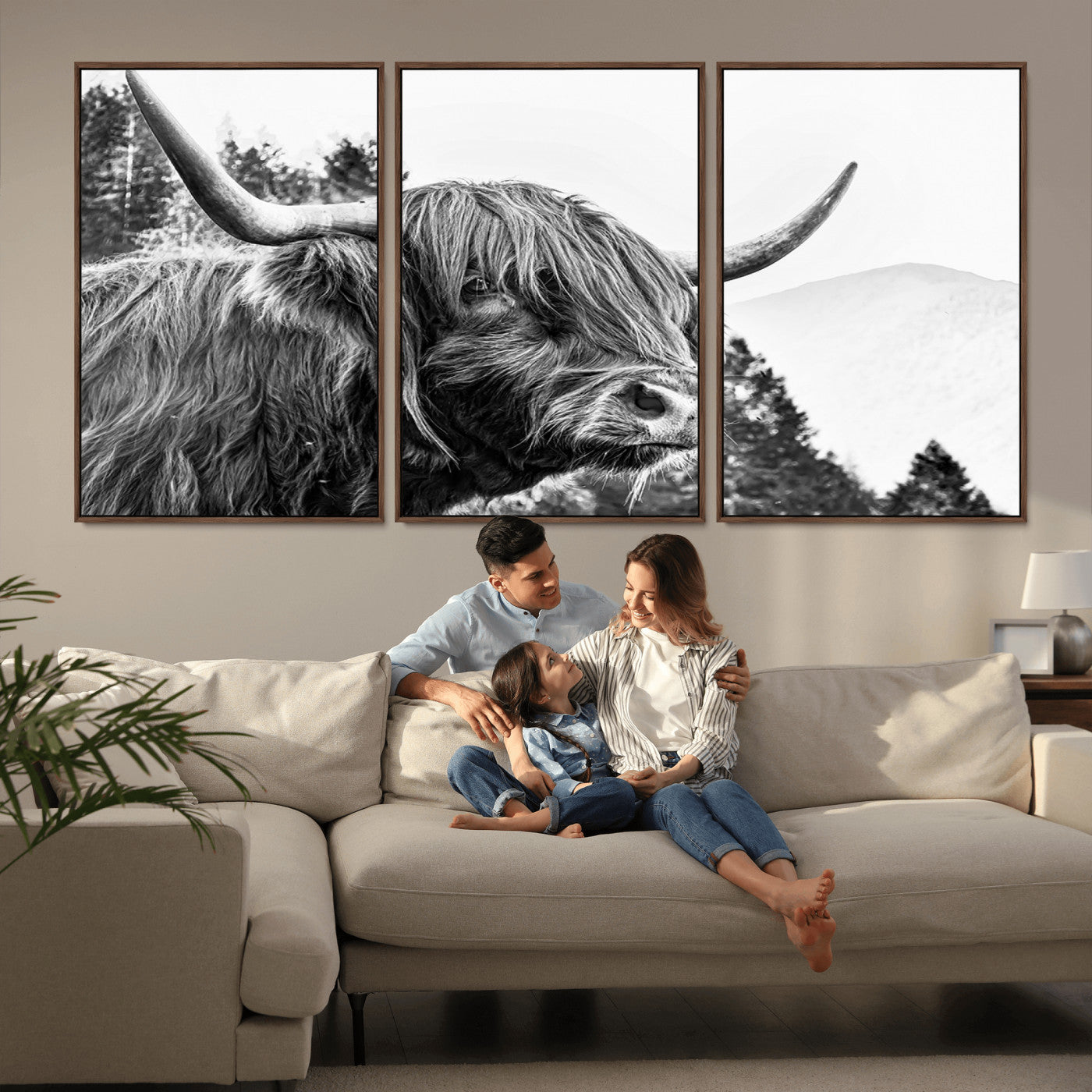 61570-MGV-FC-60X30-3P_Walnut-Highland Cow Wall Art – Black and White Scottish Bull Canvas Print, Rustic Farmhouse Animal Decor for Living Room, Bedroom, or