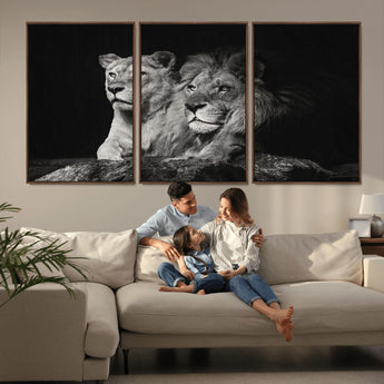 80013-MGV-FC-60X30-3P_Walnut-Lion and Lioness Wall Art – Black and White Wildlife Photography Canvas Print, African Safari Animal Decor for Office, Bedroom