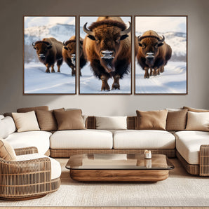 56701-MGV-CV-36X24-Bison Herd Wall Art – Buffalo Walking in Snowy Mountains Canvas Print, Rustic Wildlife Decor for Cabin, Lodge, or Living Room