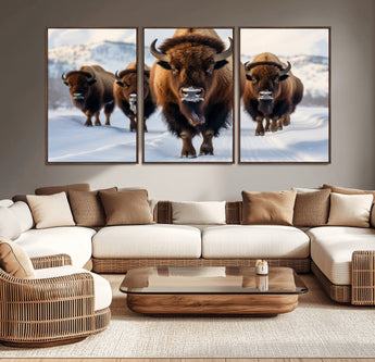 56701-MGV-CV-36X24-Bison Herd Wall Art – Buffalo Walking in Snowy Mountains Canvas Print, Rustic Wildlife Decor for Cabin, Lodge, or Living Room