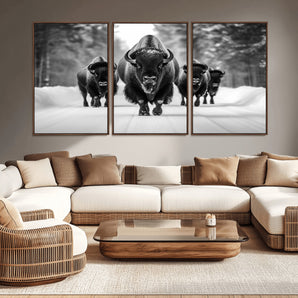 45287-MGV-CV-36X24-Bison Herd Wall Art – Black and White Buffalo Snow Road Canvas Print, Rustic Wildlife Decor for Cabin, Lodge or Living Room