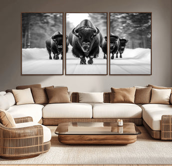 45287-MGV-CV-36X24-Bison Herd Wall Art – Black and White Buffalo Snow Road Canvas Print, Rustic Wildlife Decor for Cabin, Lodge or Living Room