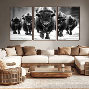 79872-MGV-CV-36X24-Bison Herd Wall Art – Black and White Buffalo on Snow Canvas Print, Rustic Wildlife Decor for Lodge, Cabin, or Living Room