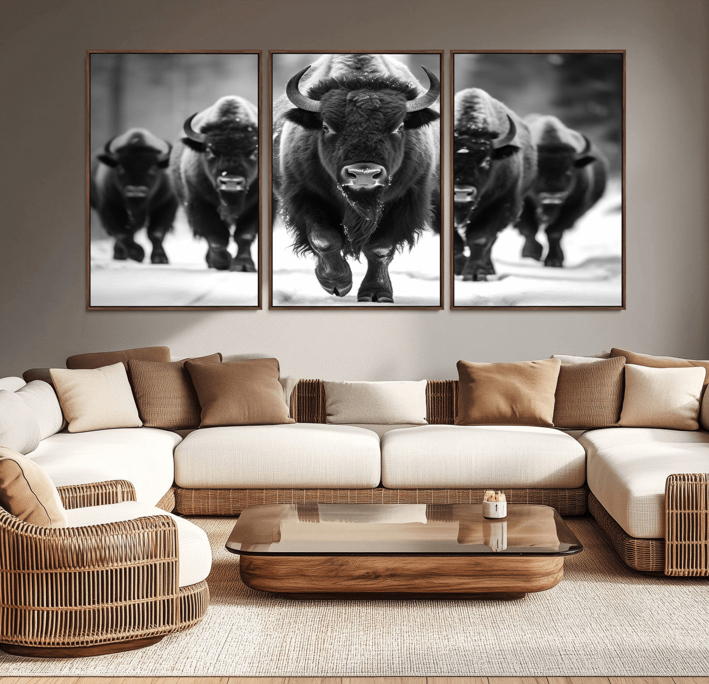 79872-MGV-CV-36X24-Bison Herd Wall Art – Black and White Buffalo on Snow Canvas Print, Rustic Wildlife Decor for Lodge, Cabin, or Living Room