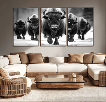 79872-MGV-CV-36X24-Bison Herd Wall Art – Black and White Buffalo on Snow Canvas Print, Rustic Wildlife Decor for Lodge, Cabin, or Living Room