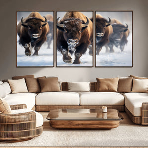 80512-MGV-CV-36X24-Bison Herd Wall Art – Buffalo Running in Snow Canvas Print, Rustic Wildlife Photography Decor for Cabin, Lodge, or Living Room