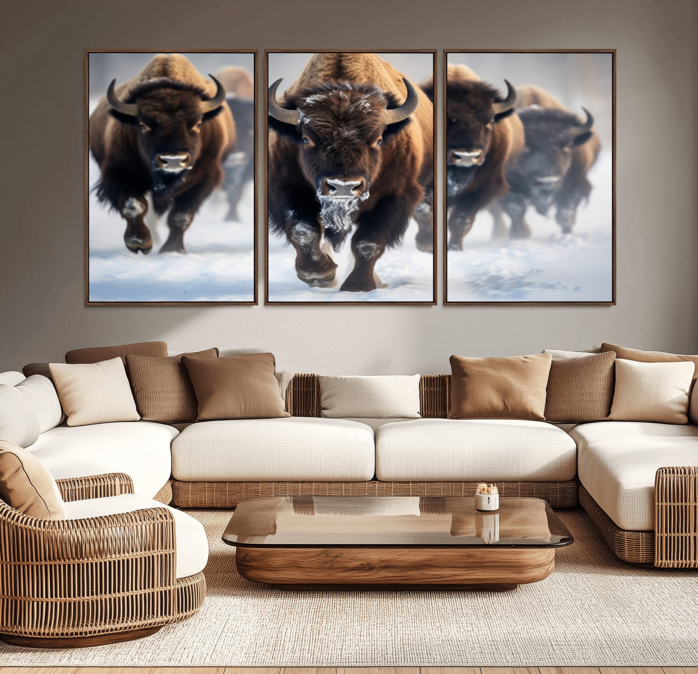 80512-MGV-CV-36X24-Bison Herd Wall Art – Buffalo Running in Snow Canvas Print, Rustic Wildlife Photography Decor for Cabin, Lodge, or Living Room