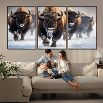 80512-MGV-FC-60X30-3P_Walnut-Bison Herd Wall Art – Buffalo Running in Snow Canvas Print, Rustic Wildlife Photography Decor for Cabin, Lodge, or Living Room