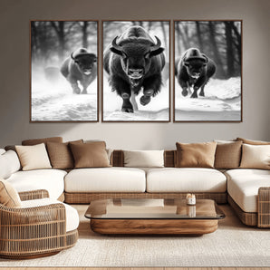 97552-MGV-CV-36X24-Black and White Bison Wall Art – Buffalo Herd Running in Snow Canvas Print, Rustic Wildlife Photography Decor for Cabin, Lodge, or