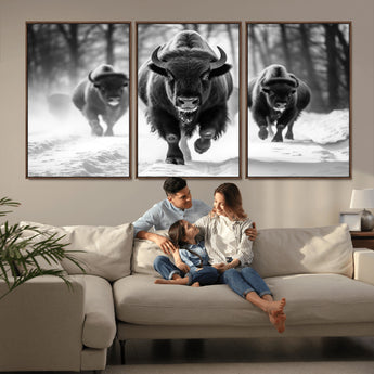 97552-MGV-FC-60X30-3P_Walnut-Black and White Bison Wall Art – Buffalo Herd Running in Snow Canvas Print, Rustic Wildlife Photography Decor for Cabin, Lodge, or