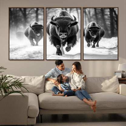 97552-MGV-FC-60X30-3P_Walnut-Black and White Bison Wall Art – Buffalo Herd Running in Snow Canvas Print, Rustic Wildlife Photography Decor for Cabin, Lodge, or