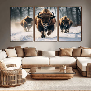 56549-MGV-CV-36X24-Wild Bison Wall Art – Majestic Buffalo Herd Running in Snow Canvas Print, Rustic Wildlife Photography Decor for Cabin, Lodge, or