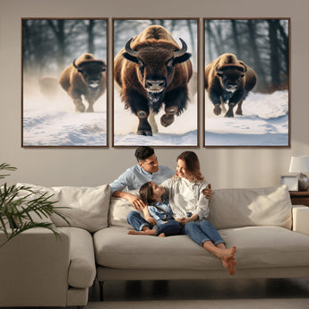56549-MGV-FC-60X30-3P_Walnut-Wild Bison Wall Art – Majestic Buffalo Herd Running in Snow Canvas Print, Rustic Wildlife Photography Decor for Cabin, Lodge, or