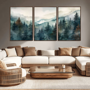 48468-MGV-CV-36X24-Foggy Forest Wall Art – Watercolor Mountain Pine Landscape Canvas Print, Nature Woodland Painting for Living Room, Bedroom or