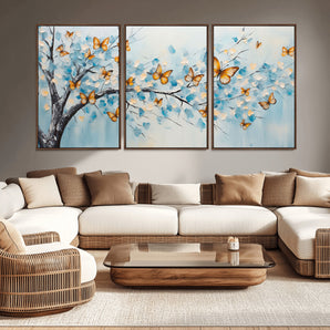 59455-MGV-CV-36X24-Butterfly Tree Branch Wall Art – Blue and Yellow Abstract Canvas Print, Modern Nature Artwork for Living Room, Bedroom or Office