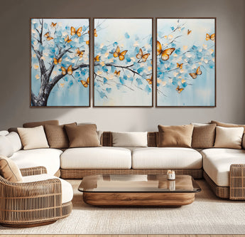 59455-MGV-CV-36X24-Butterfly Tree Branch Wall Art – Blue and Yellow Abstract Canvas Print, Modern Nature Artwork for Living Room, Bedroom or Office