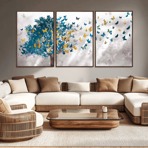 37564-MGV-CV-36X24-Butterfly Tree Wall Art – Modern Nature Canvas Print with Blue and Golden Butterflies, Elegant Decorative Painting for Living Room